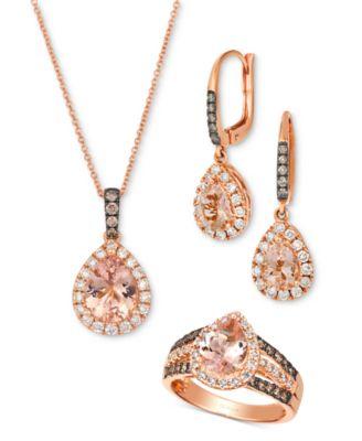 le vian peach morganite nude diamond chocolate diamond ring earrings necklace