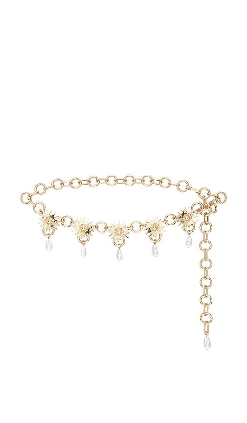lele sadoughi soleil chain belt in metallic gold.