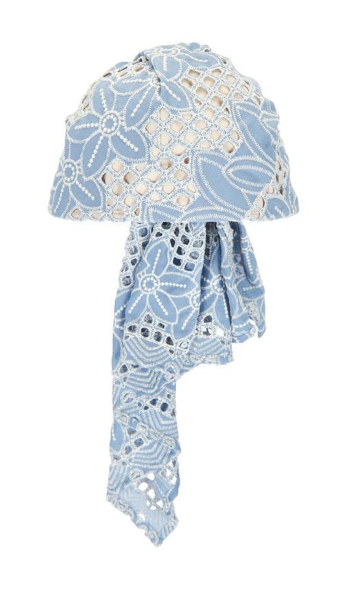 lele sadoughi sophia eyelet scarf cap in blue.