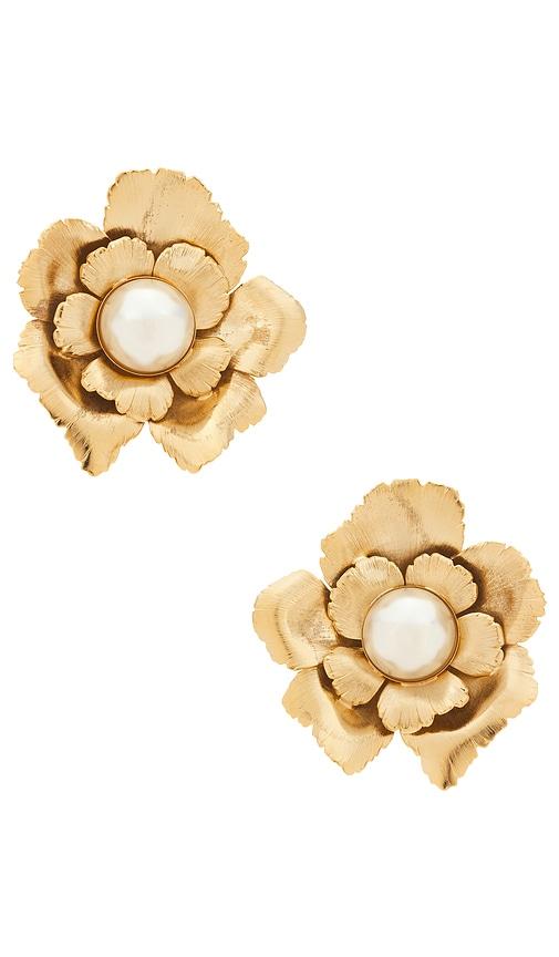 lelet ny jasmine floral pearl button earrings in metallic gold.