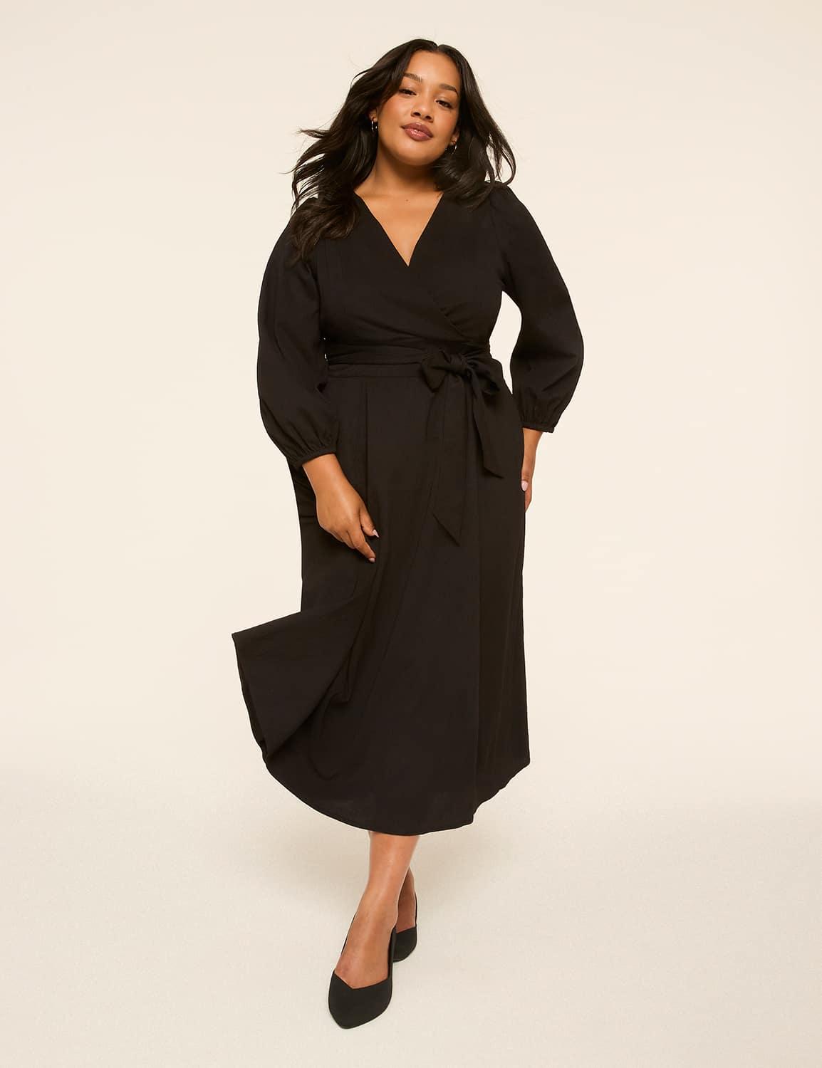 lena long-sleeve surplice-neck midi dress