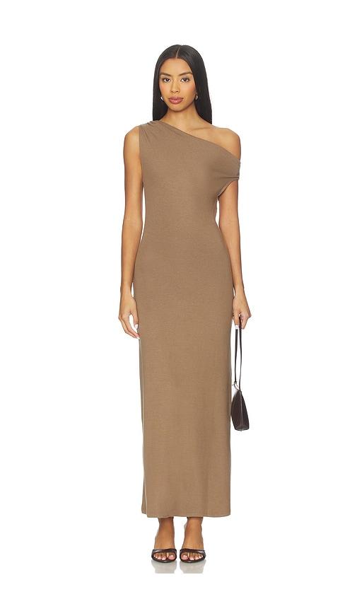 leset lauren ruched asymmetrical shoulder dress in brown. - size m (also in s)