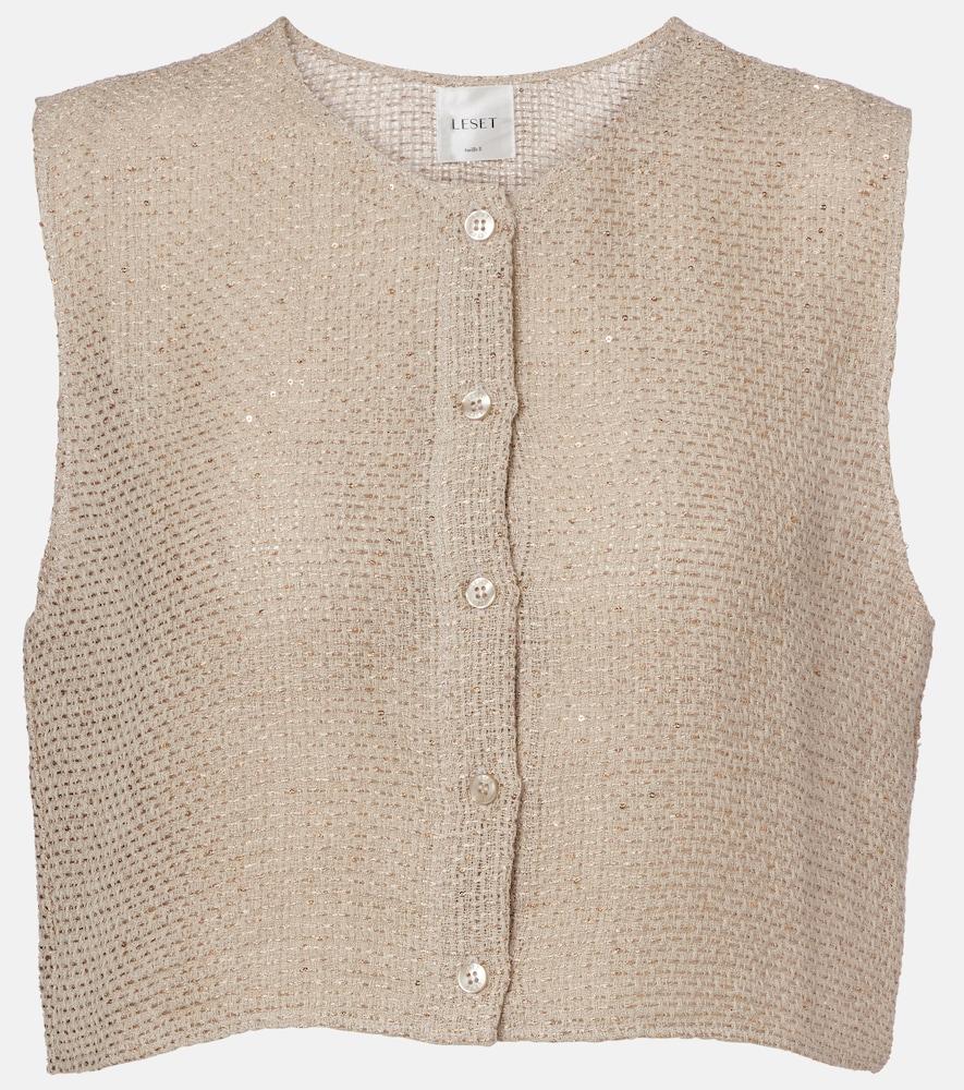 leset stella sequined linen-blend top