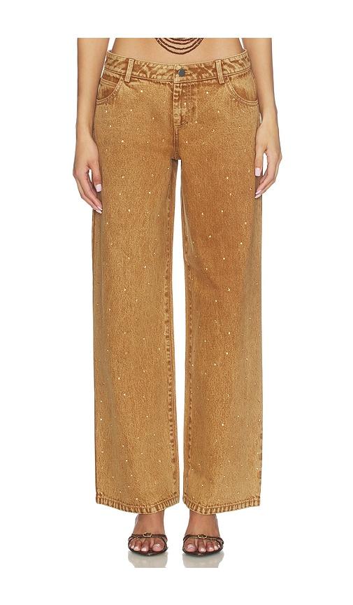 leslie amon x revolve denim rhinestone festival pants in brown. - size l (also in s, xs, m)