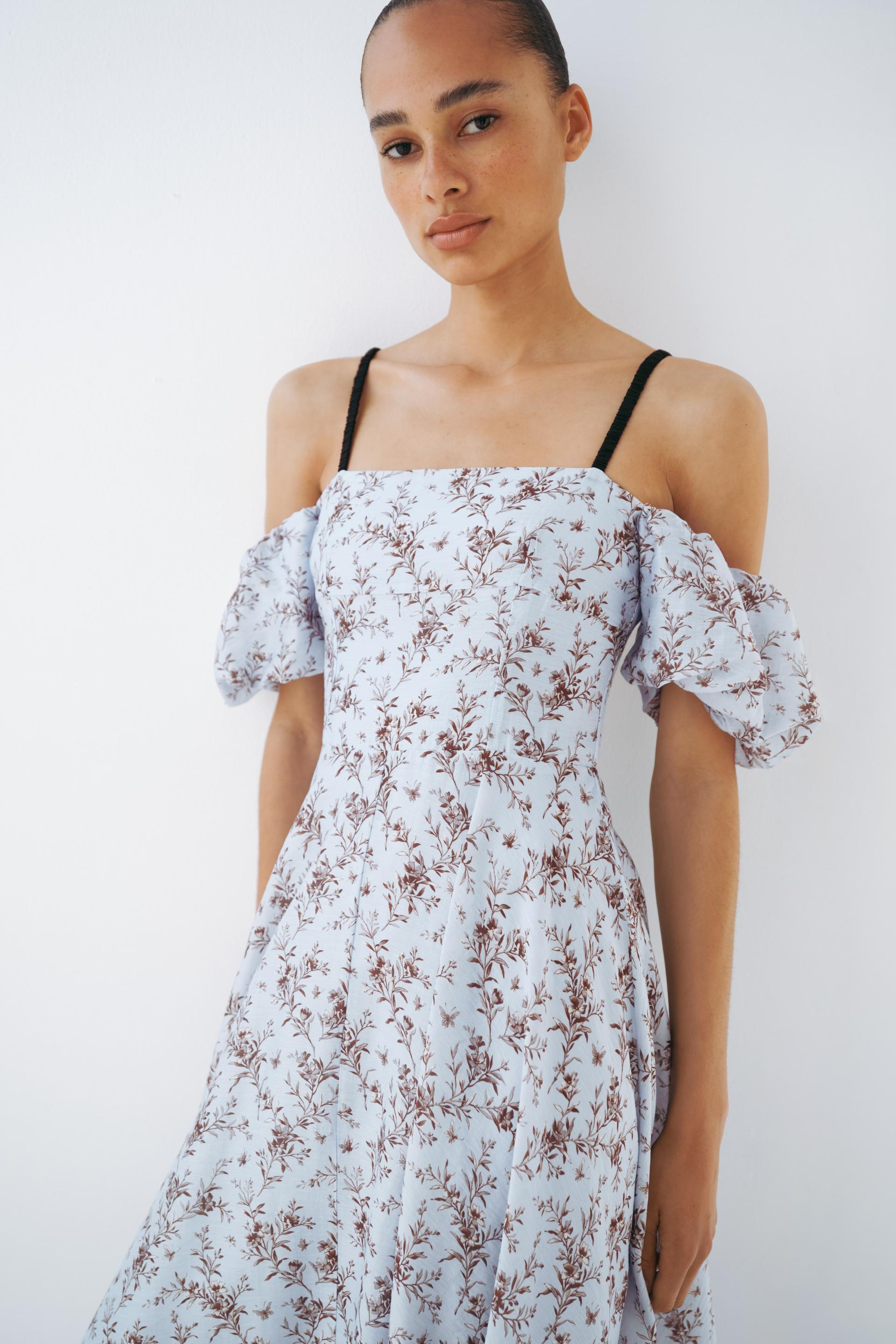 linen-blend open-shoulder dress