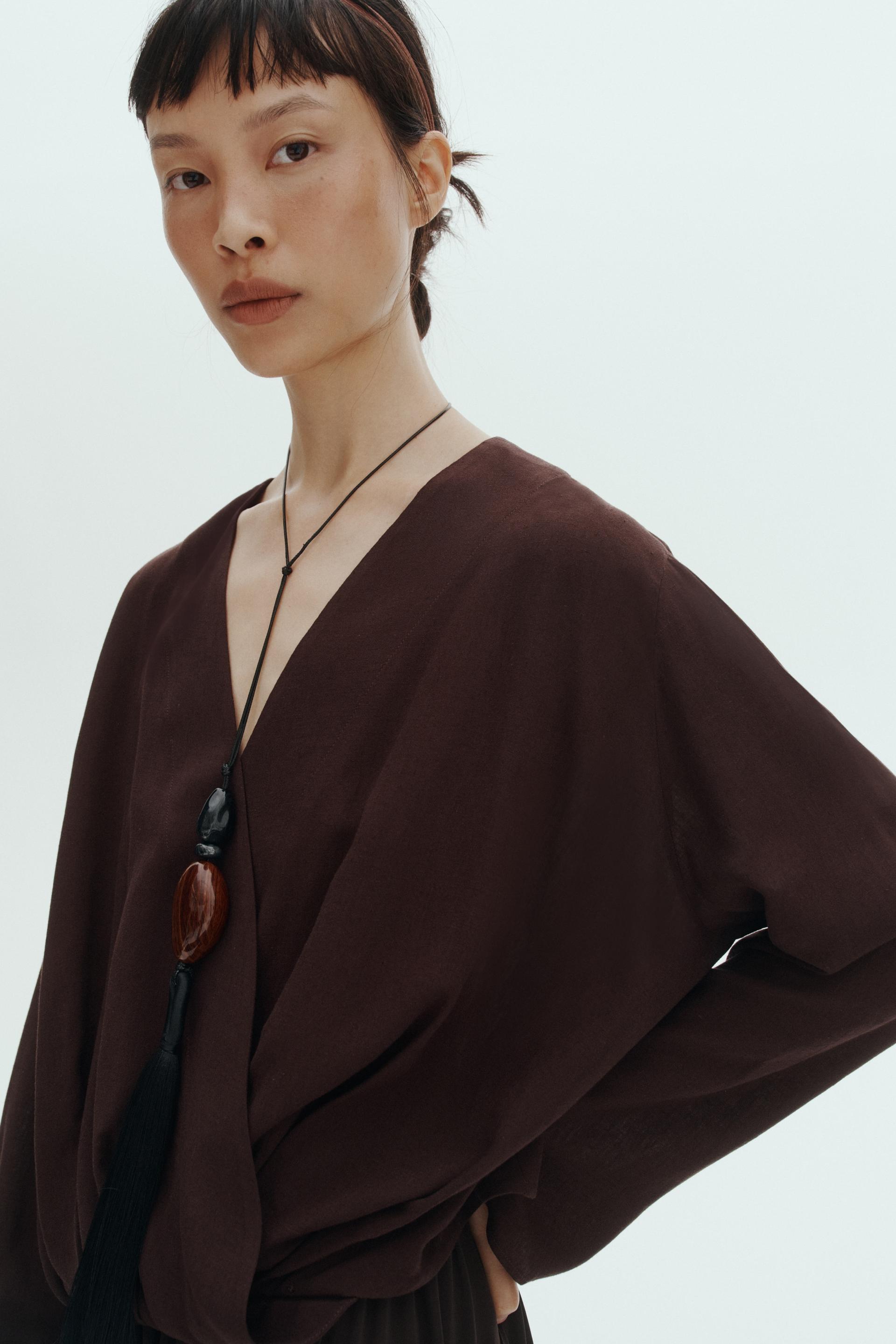 linen-blend wrap blouse