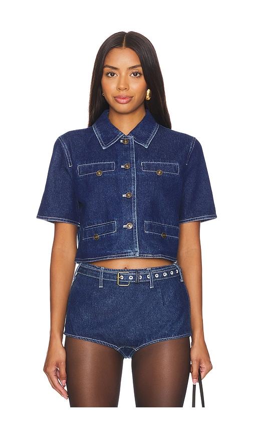 lioness halston denim top in denim-dark. - size xs (also in xxs)