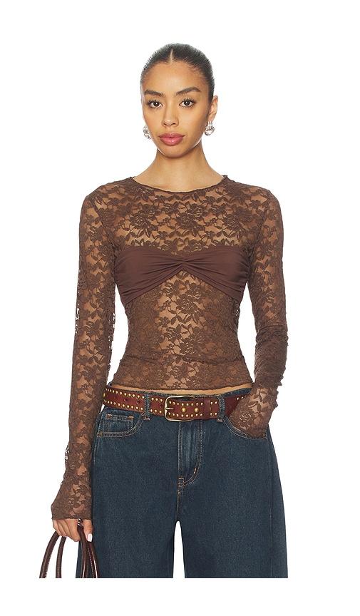 lioness midnight lace long sleeve top in chocolate. - size m (also in s, xxs, xs, xl)
