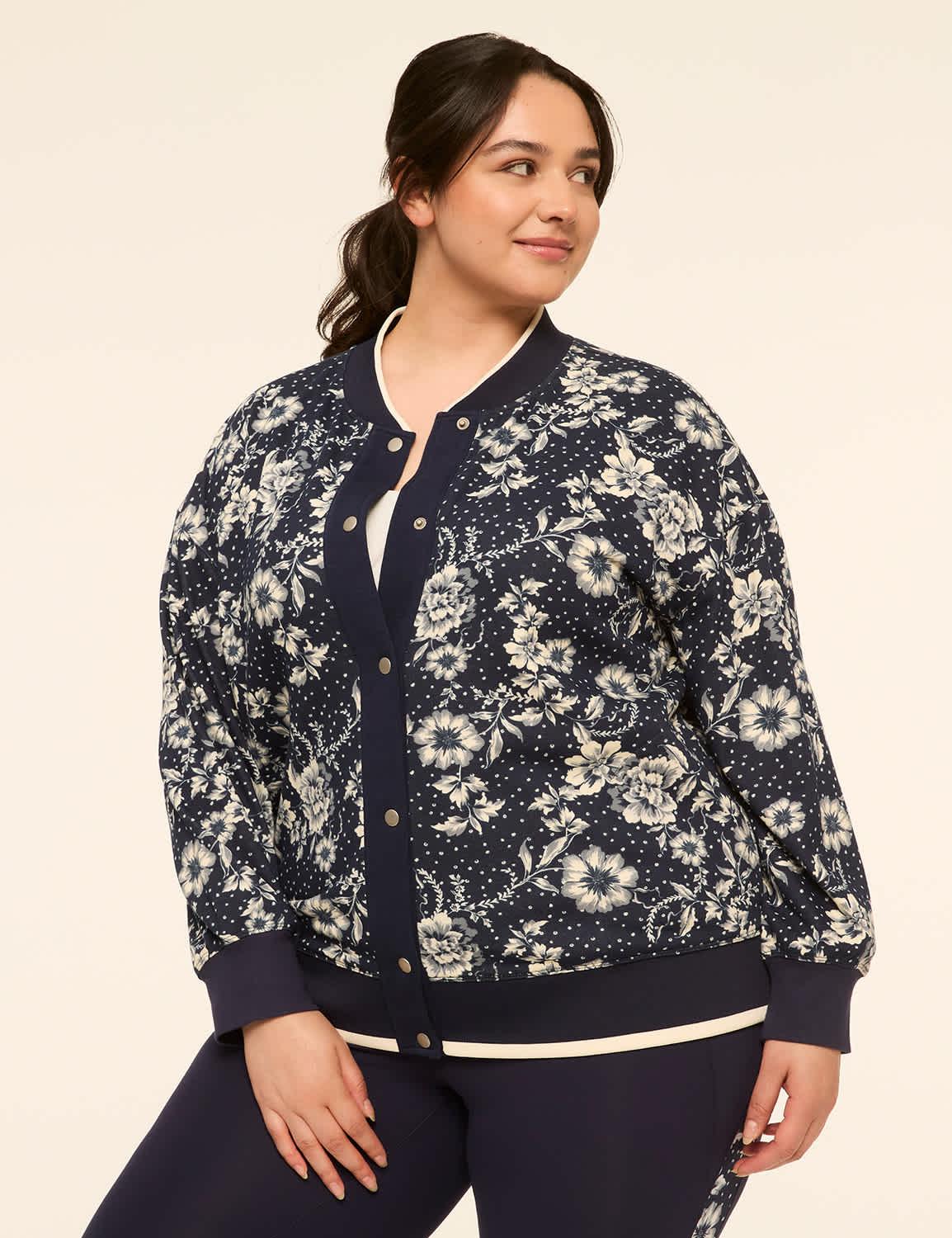 livi french terry button-front bomber jacket