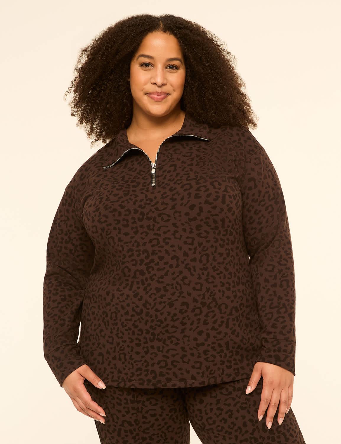 livi french terry half-zip leopard print sweatshirt