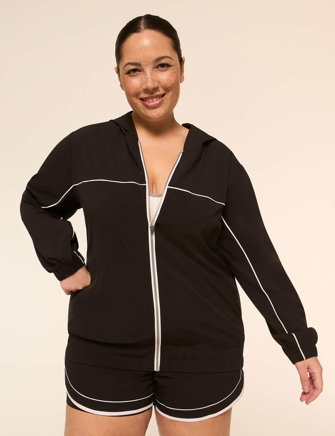 livi stretch woven full-zip hooded jacket