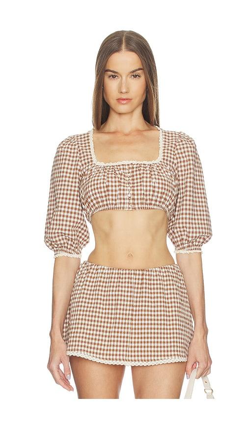 loba ann gingham top in brown,white. - size l (also in m, xl)