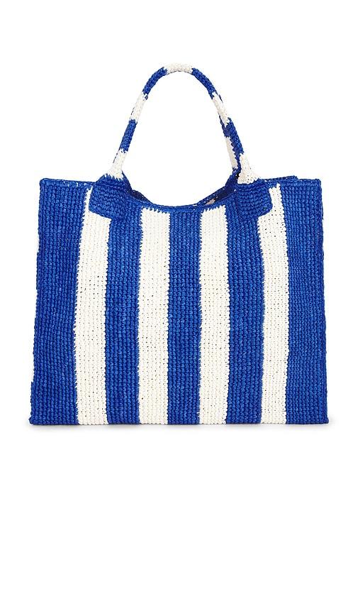 loeffler randall sol crochet raffia tote bag in blue.