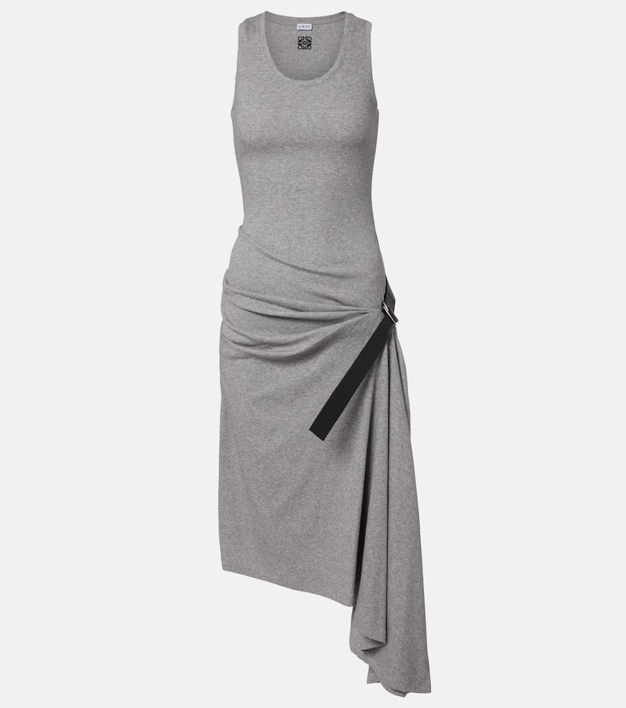 loewe belted ribbed-knit draped cotton-blend midi dress