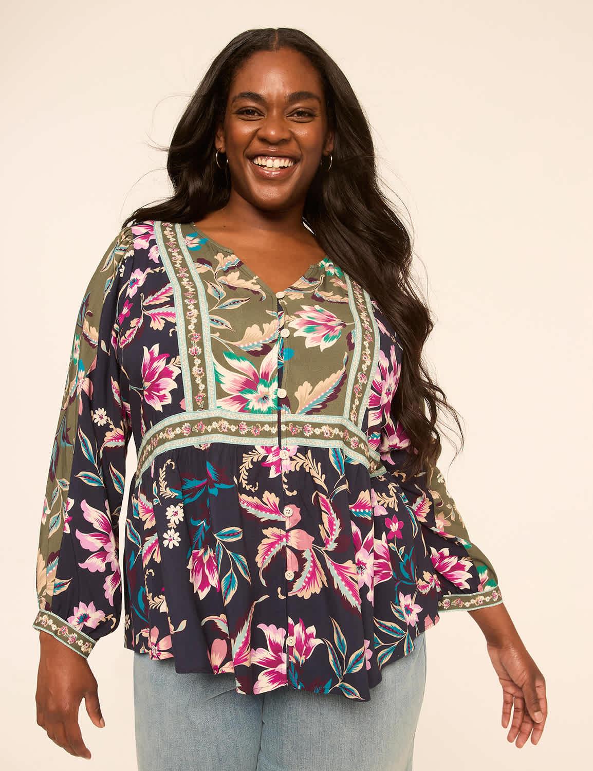 long-sleeve button-front babydoll blouse