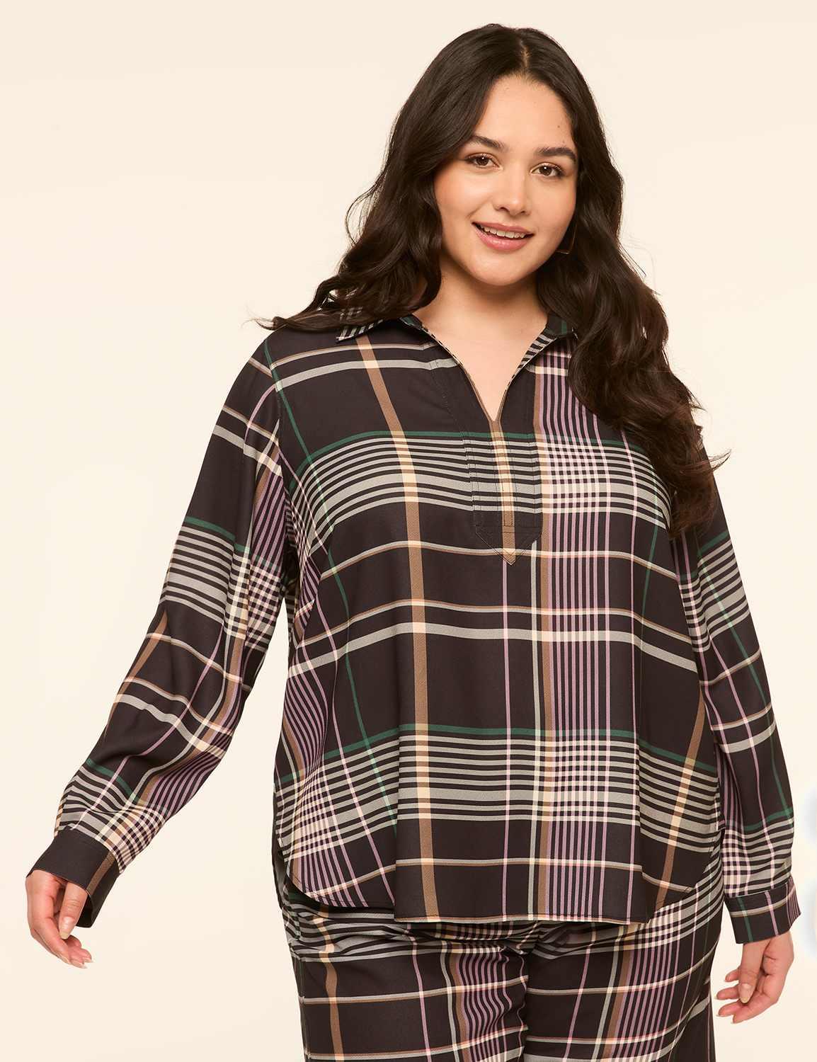 long-sleeve collared popover top