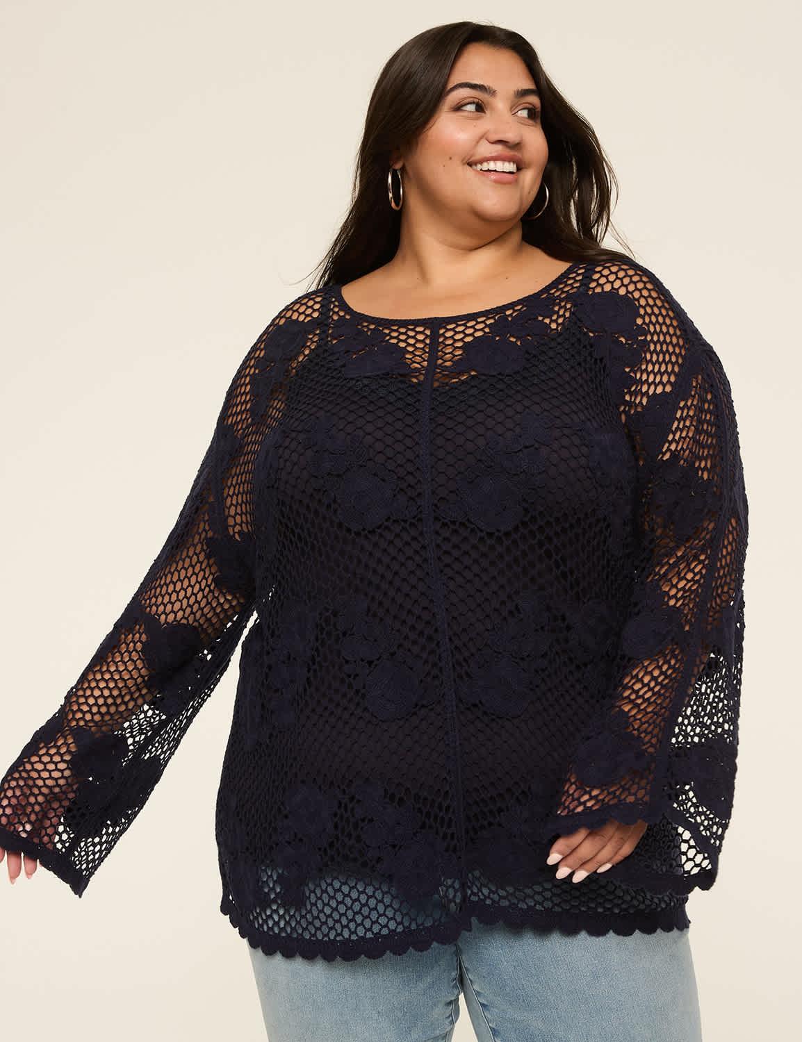 long-sleeve crochet popover top