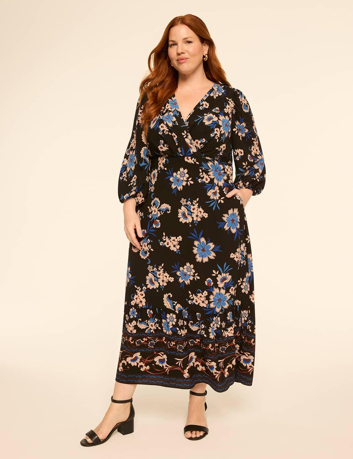 long-sleeve faux-wrap maxi dress
