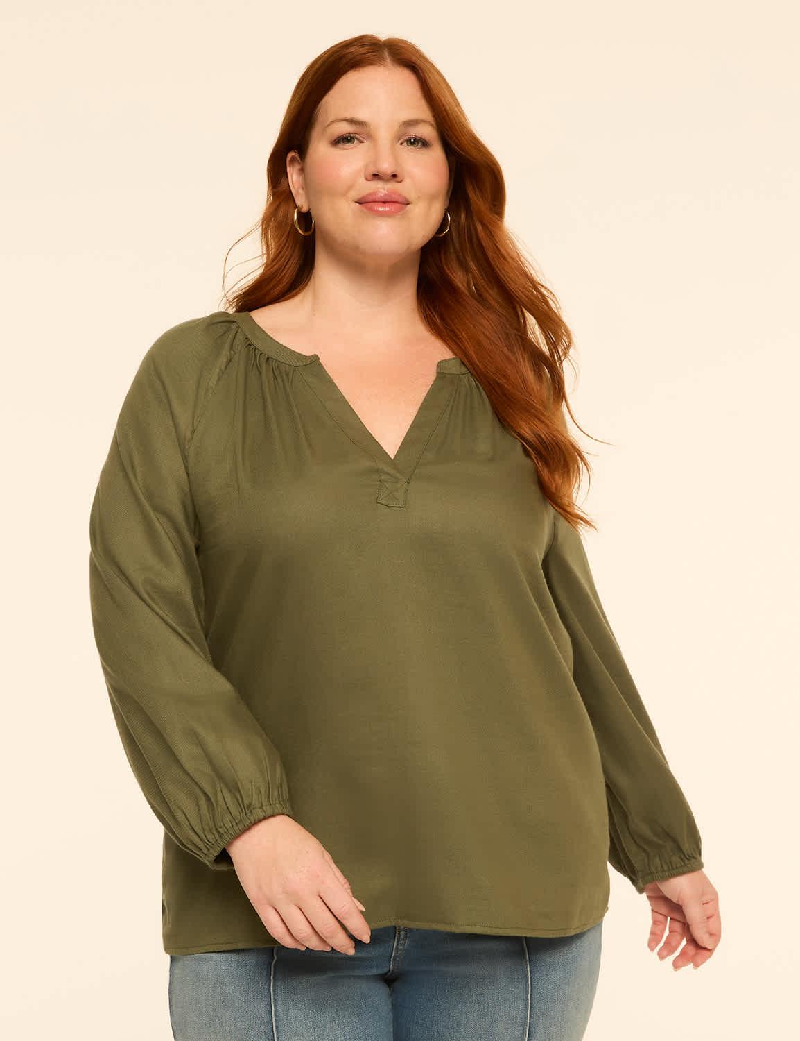 long-sleeve notch-neck popover top