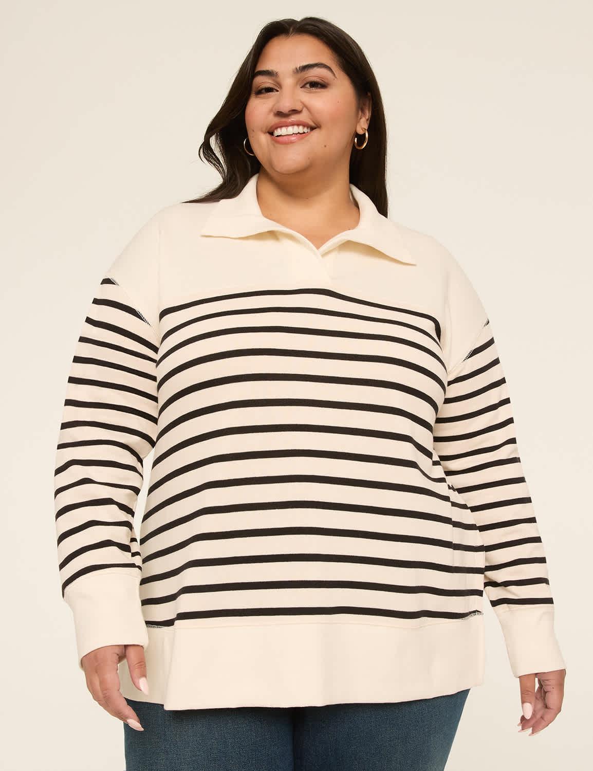 long-sleeve notched collar sweatshirt