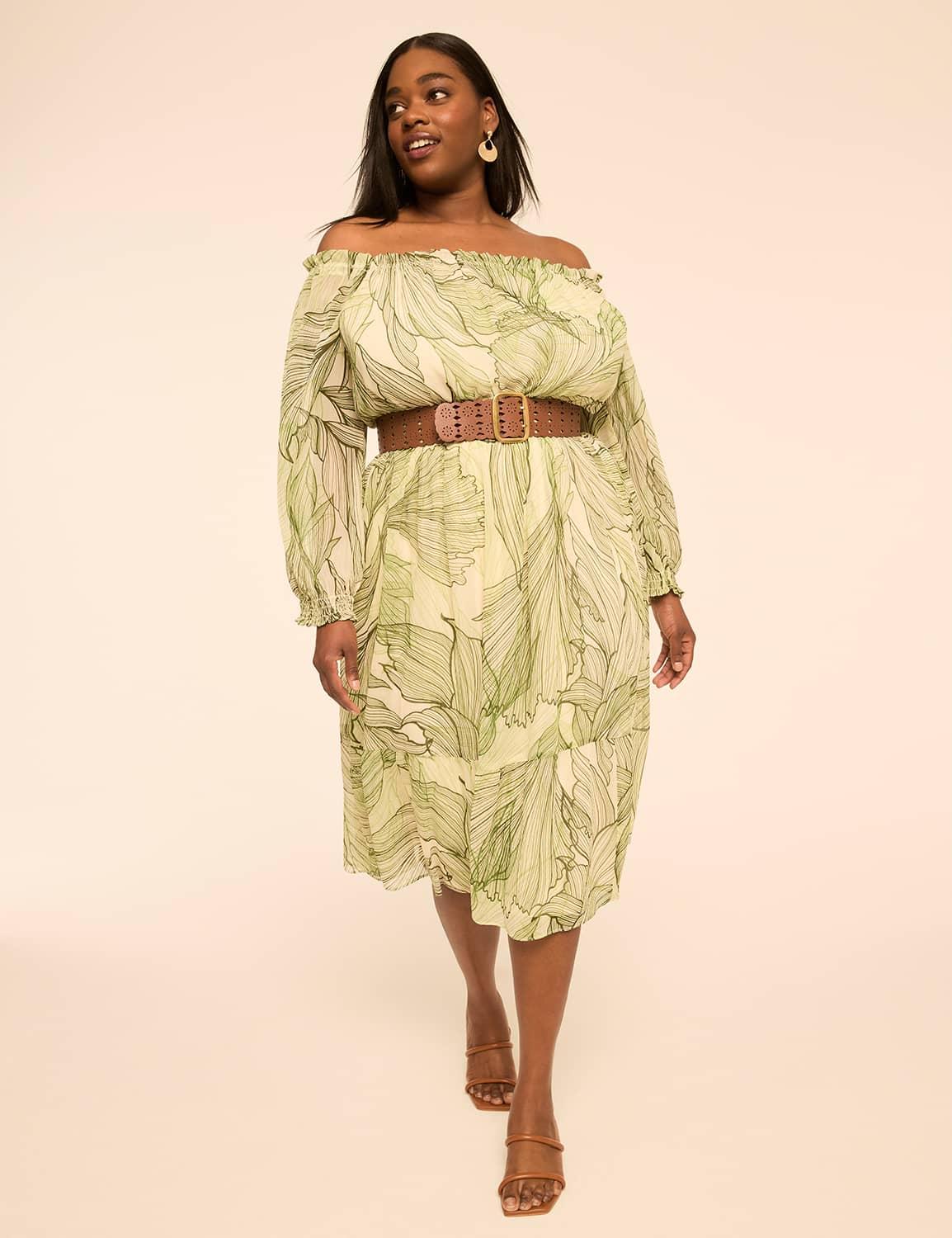 long-sleeve off-the-shoulder midi dress