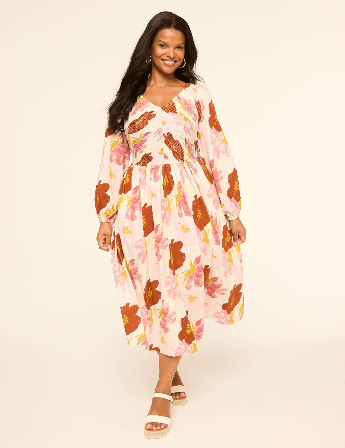 long-sleeve smocked-bodice midi dress