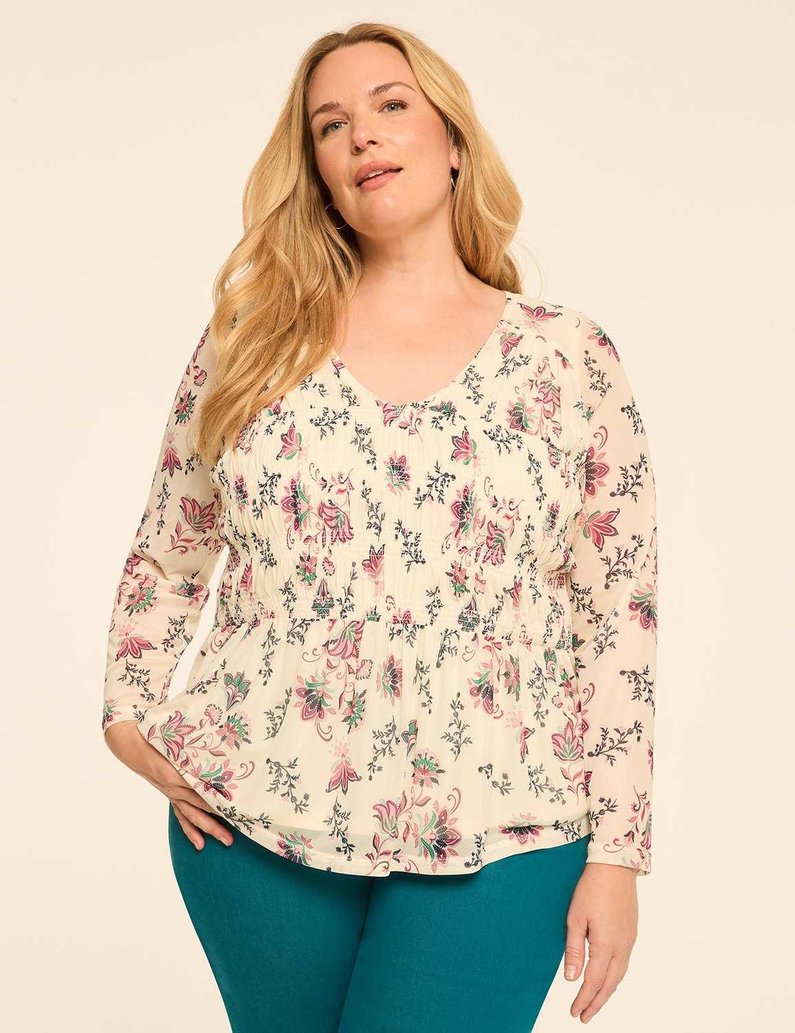 long-sleeve smocked-bodice peplum top
