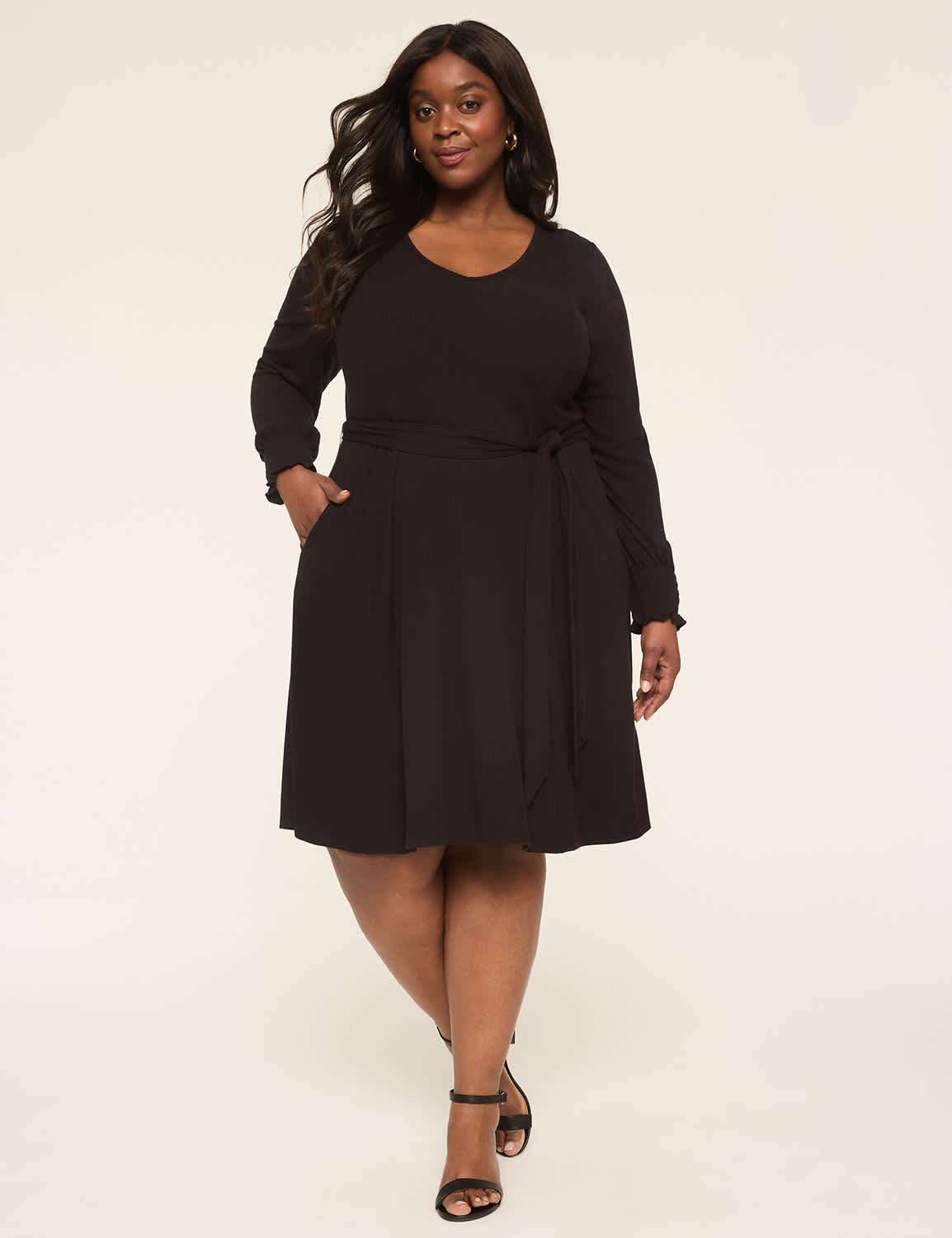 long-sleeve smocked-cuff rib dress