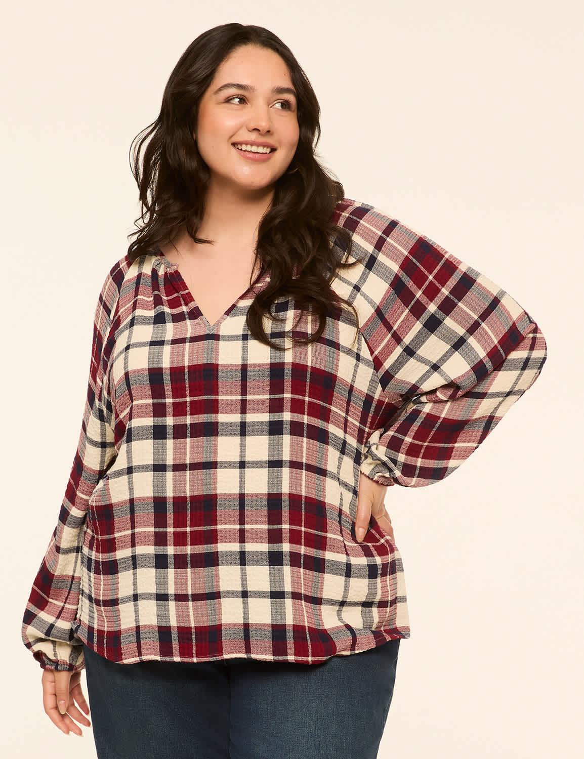 long-sleeve split-neck popover blouse