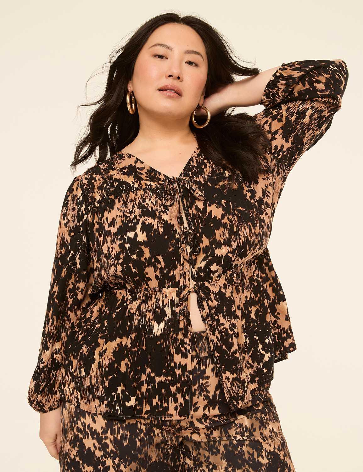 long-sleeve tie-front blouse