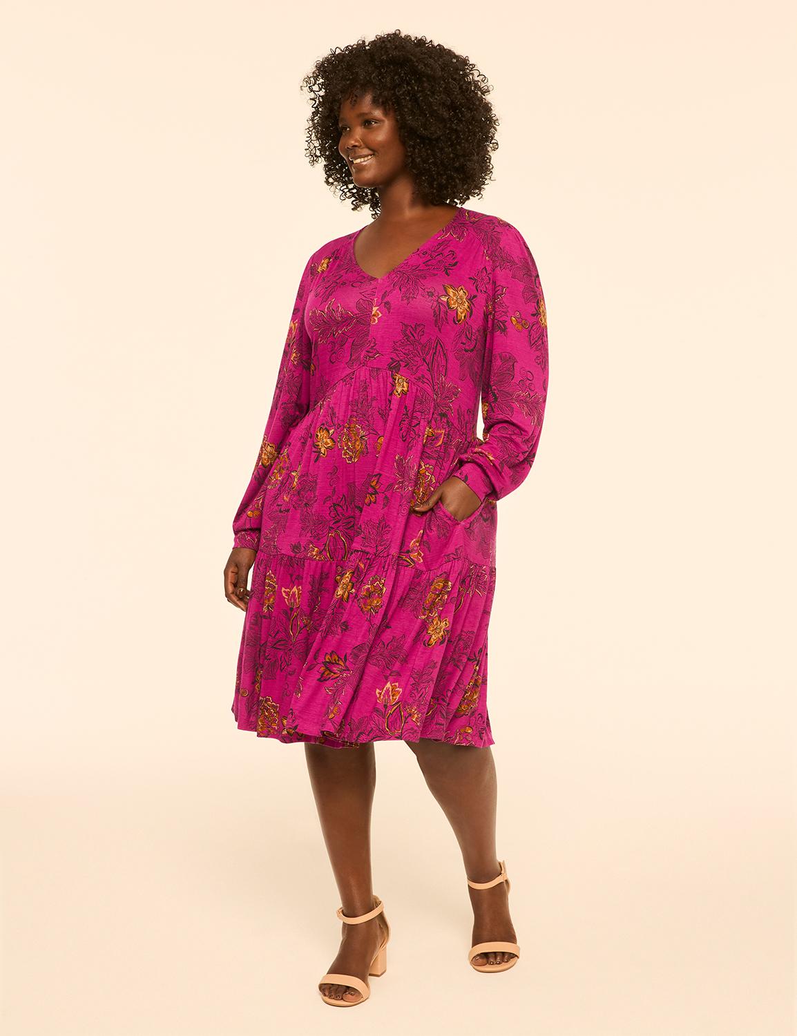 long-sleeve v-neck easy swing dress