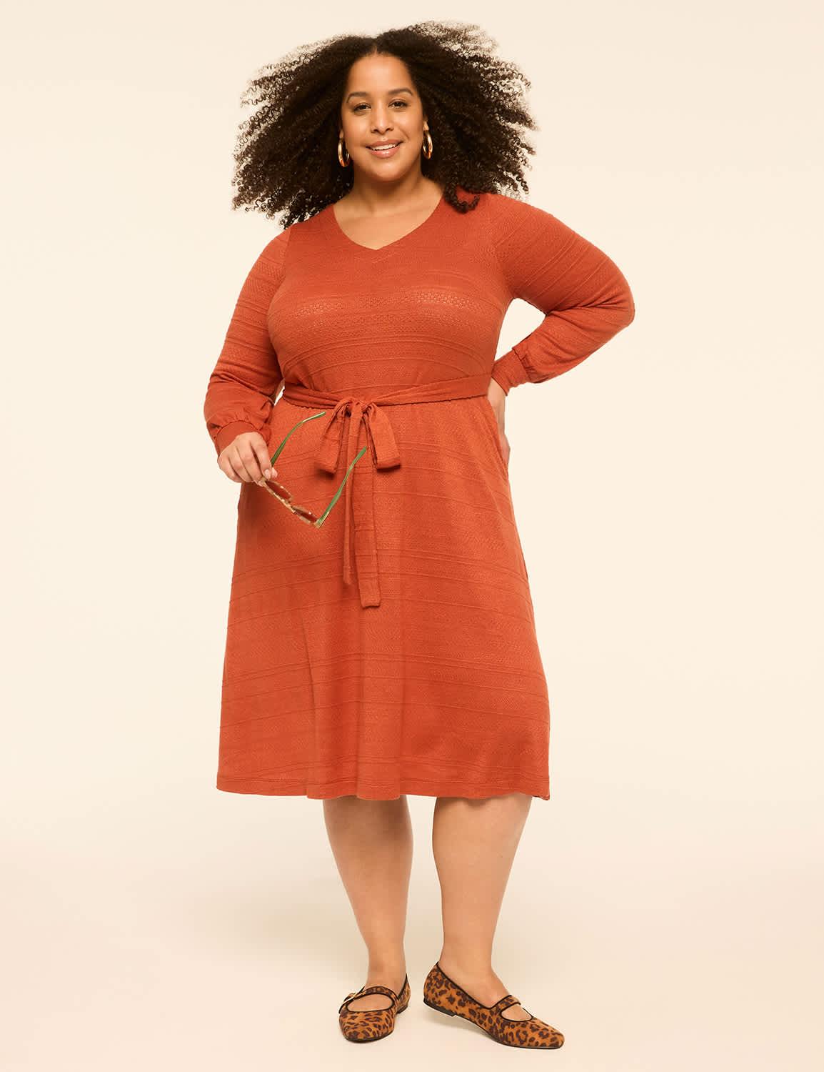 long-sleeve v-neck tie-waist midi dress