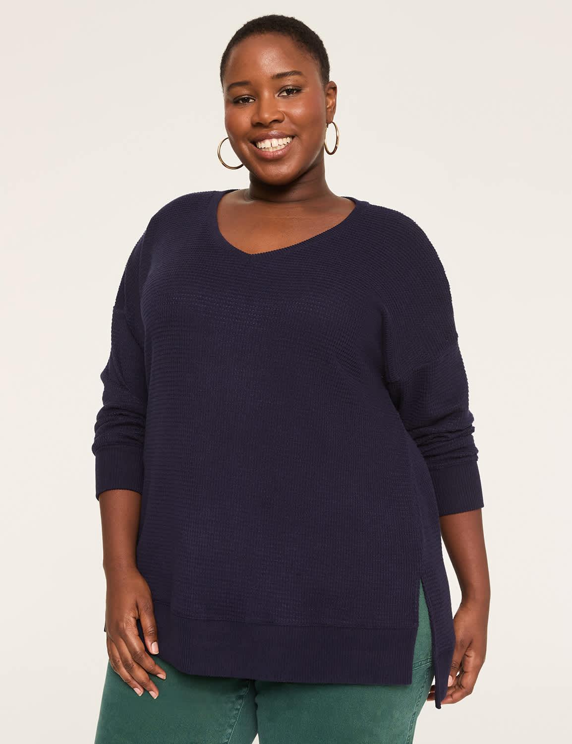 long-sleeve v-neck waffle knit top