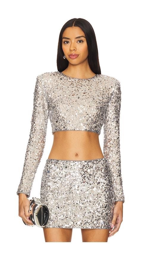 lovers and friends crystal sequin cropped top in metallic silver. - size m (also in s, xs)