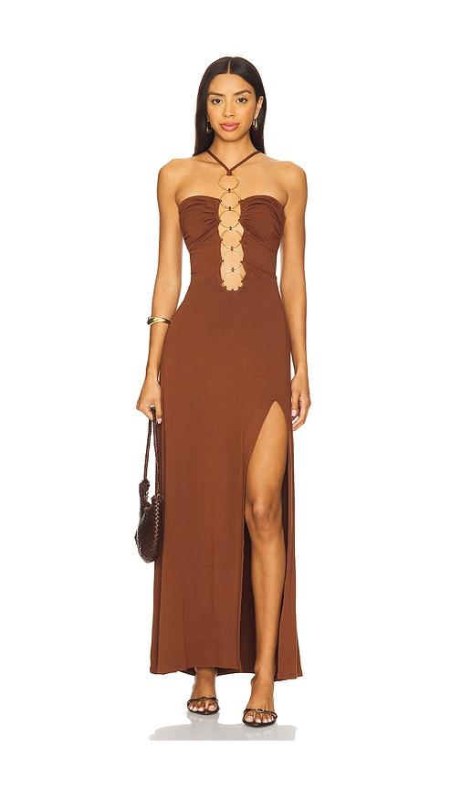luli fama halter ring long dress in brown. - size l (also in m)