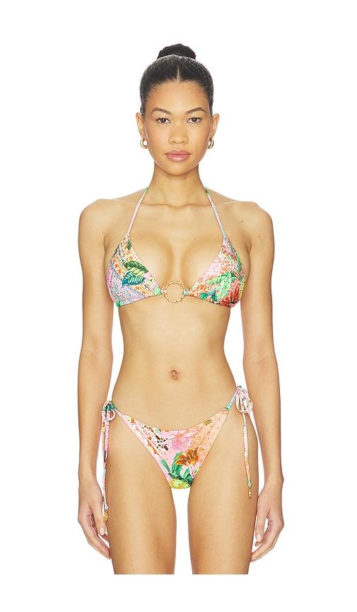 luli fama ring seamless crystallized bikini top in pink,green. - size s (also in xs)