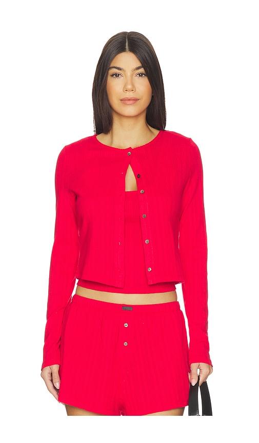 lunya pointelle crew neck cardigan in red. - size l (also in s, xs, xl)