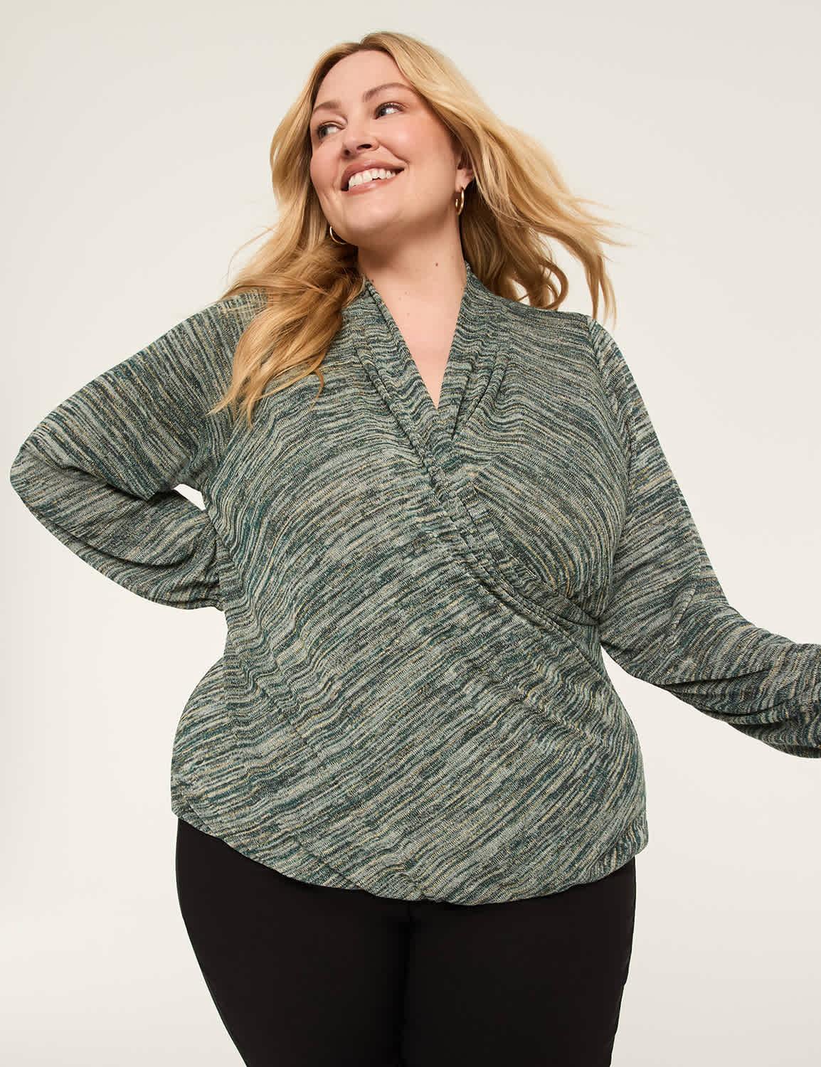 lurex blouson-sleeve faux-wrap bubble-hem top