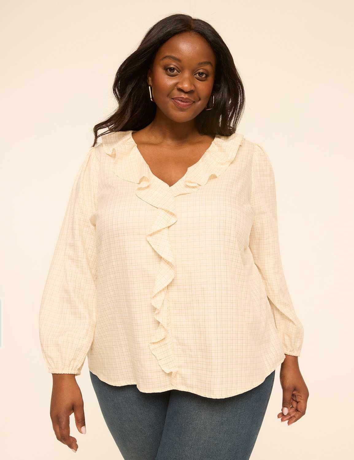 lurex bracelet-sleeve ruffle-neck blouse