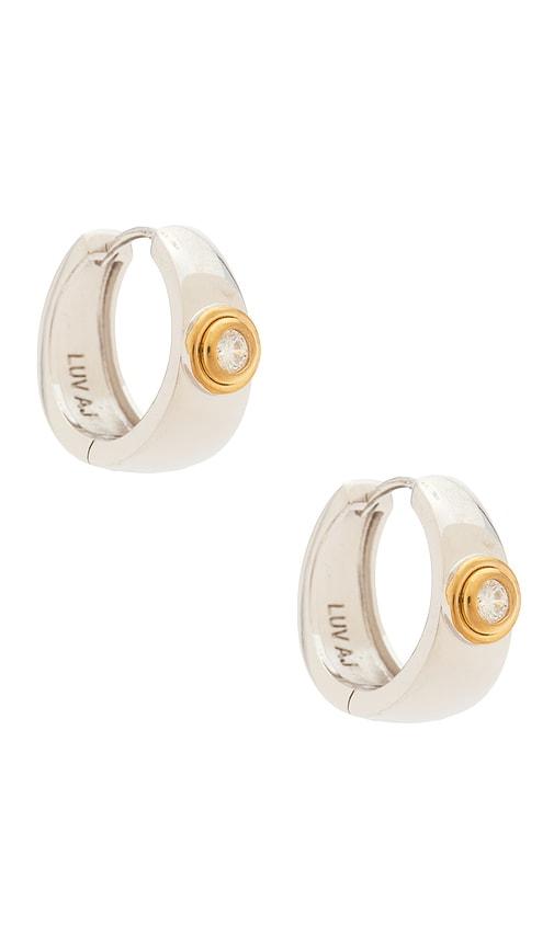 luv aj the luna bezel hoops earring in metallic silver.