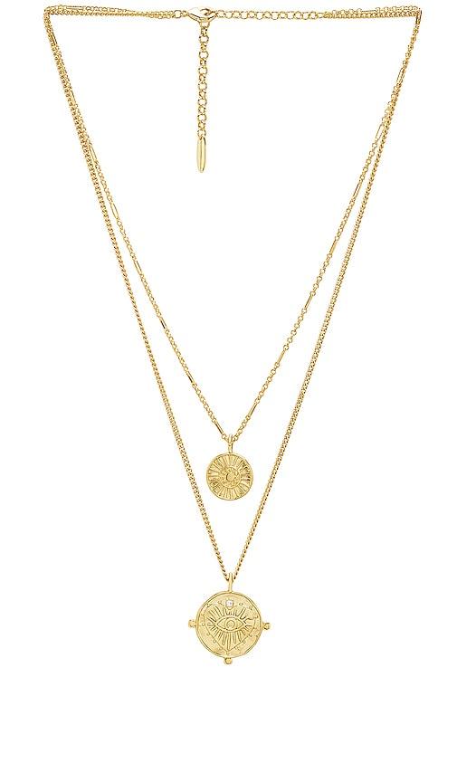 luv aj x revolve the double coin charm necklace in metallic gold.
