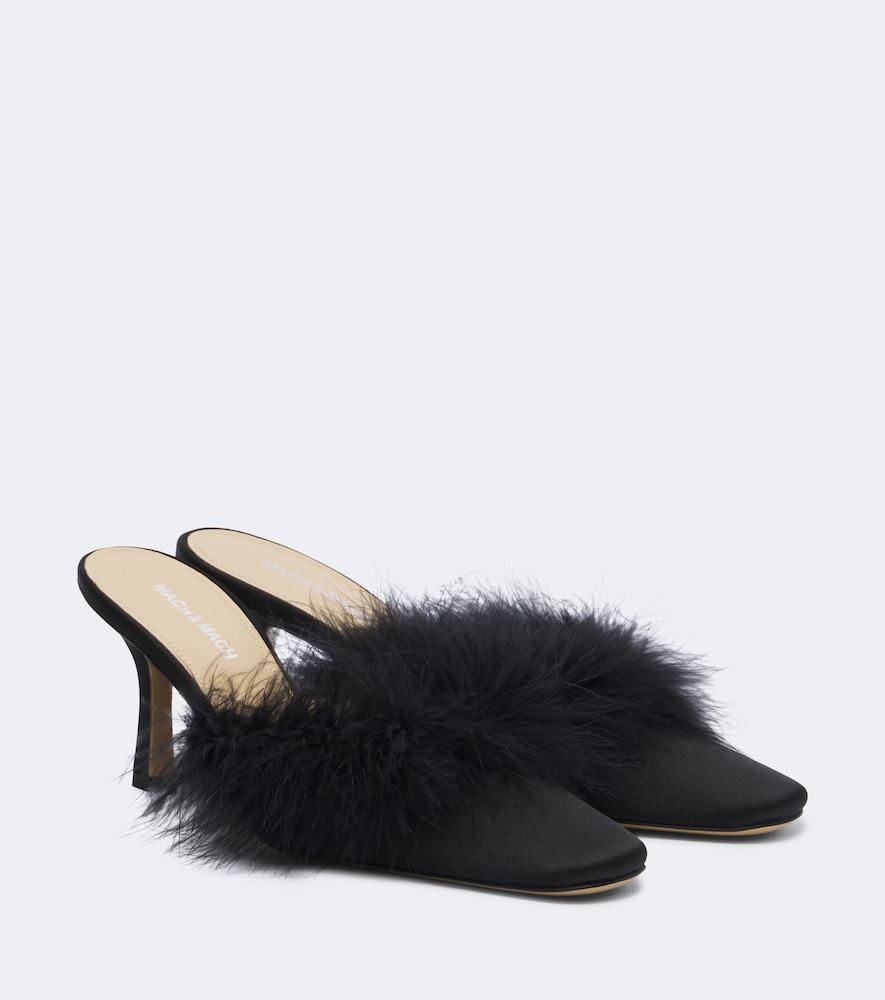mach & mach carolyn feather-trimmed satin mules