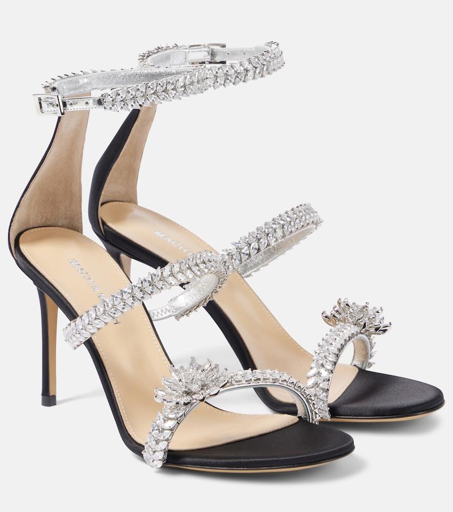mach & mach crystal flower embellished satin sandals