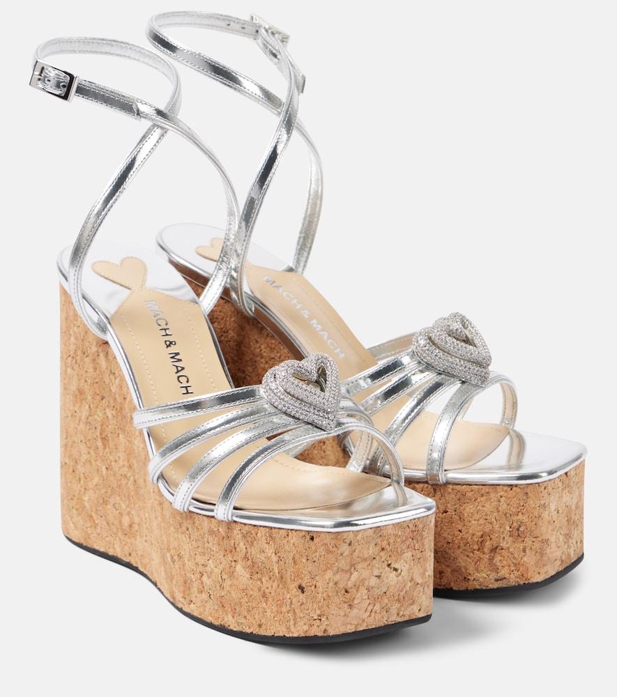 mach & mach double heart metallic leather wedge sandals