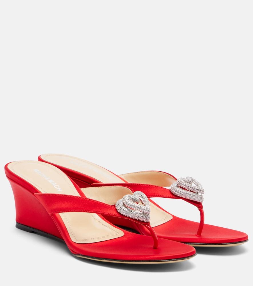 mach & mach double heart satin wedge thong sandals