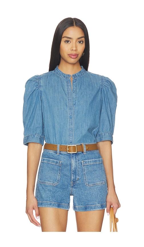 madewell denim puff sleeve band collar shirt in blue. - size 00 (also in 6)