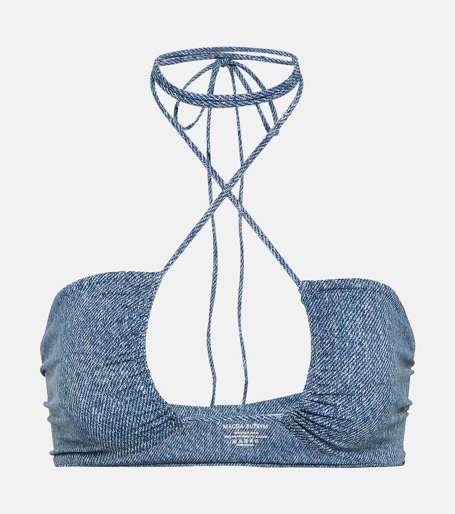 magda butrym denim-printed halterneck bikini top