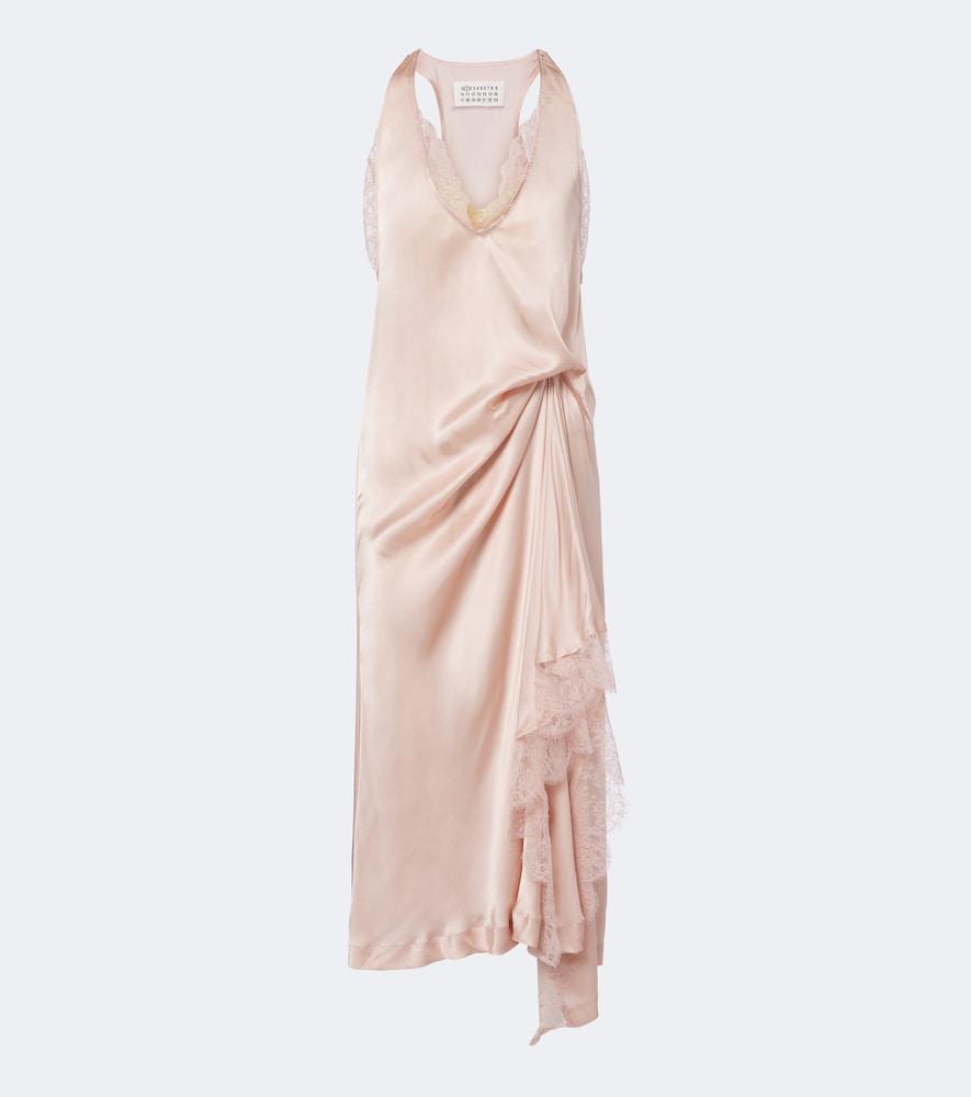 maison margiela gathered lace-trimmed satin slip dress