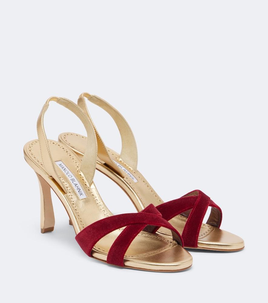 manolo blahnik callydra velvet-trimmed leather sandals