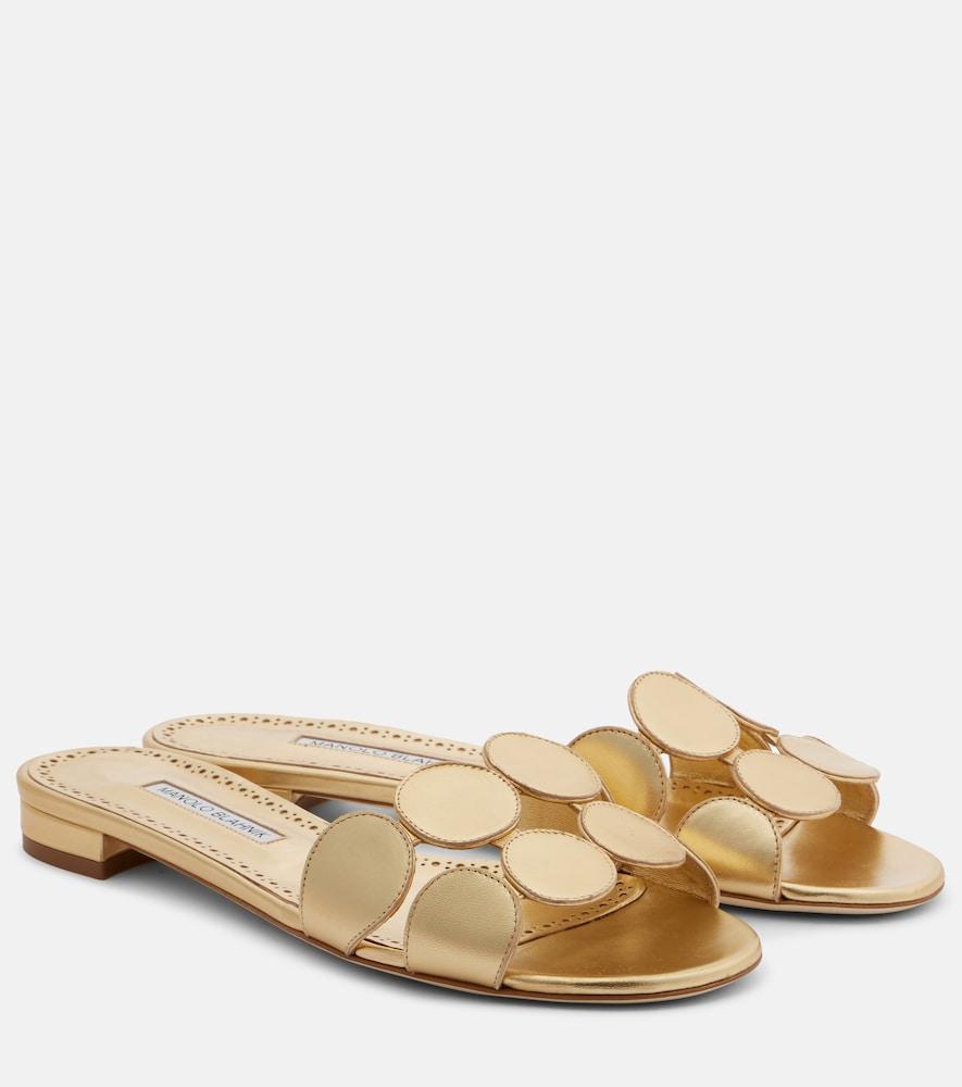 manolo blahnik haribalmuflat metallic leather slides